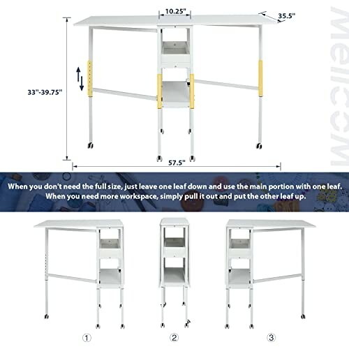 Adjustable folding table with dimensions and configuration options.