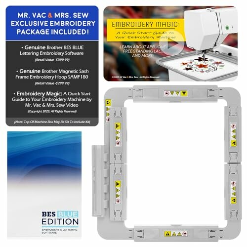 Embroidery machine accessory kit with software and hoop frame.