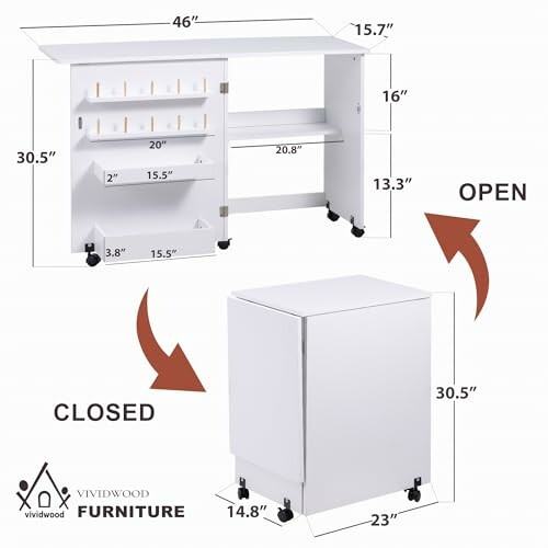 Dimensions of a foldable cabinet with open and closed views.