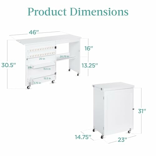 Dimensions of a folding cabinet desk with storage and wheels.