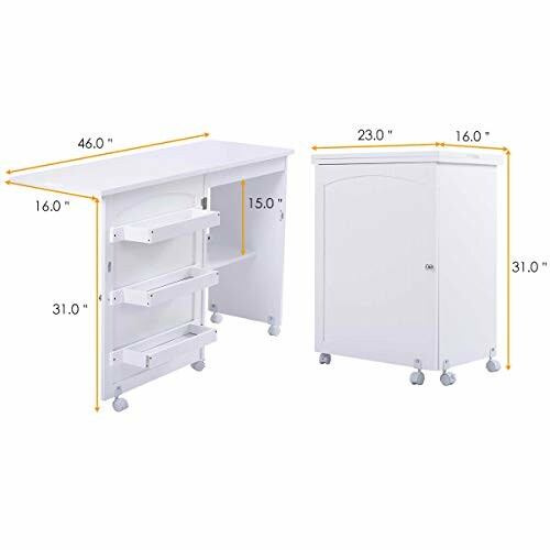 White folding cabinet with dimensions and storage shelves.