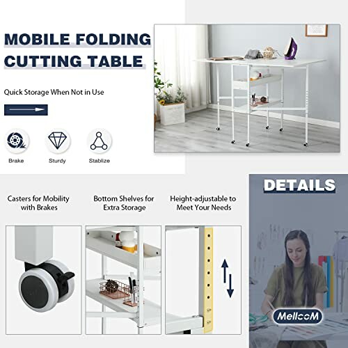 Mobile folding cutting table with caster wheels and adjustable height, featuring storage shelves and a woman working.