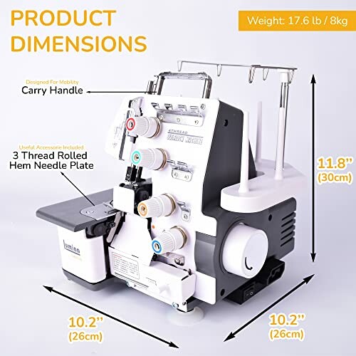 Overlock sewing machine with labeled dimensions and features.