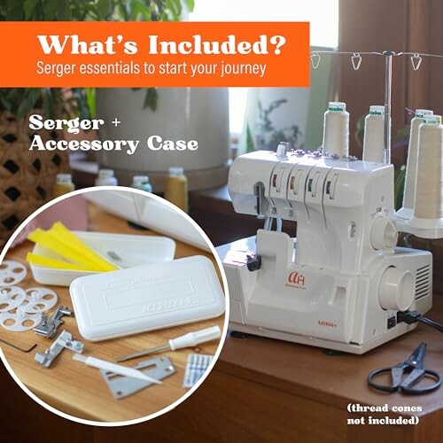 Serger sewing machine with accessory case and tools.