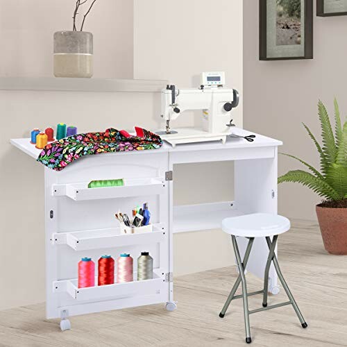 Sewing machine on white cabinet with colorful threads and stool