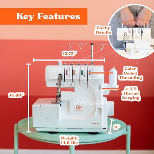 Sewing machine with key features labeled, including carry handle, color coded threading, and dimensions.