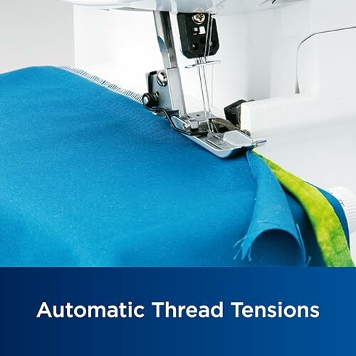 Close-up of sewing machine with automatic thread tension feature.