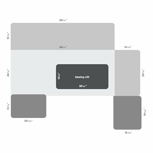 Diagram of sewing table with dimensions and sewing lift.