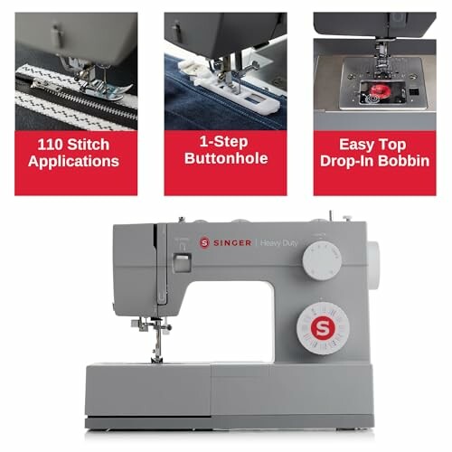 Sewing machine with 110 stitch applications, 1-step buttonhole, and easy top drop-in bobbin.