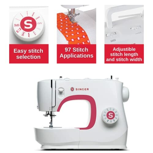 Singer sewing machine with easy stitch selection, 97 stitch applications, and adjustable stitch length and width