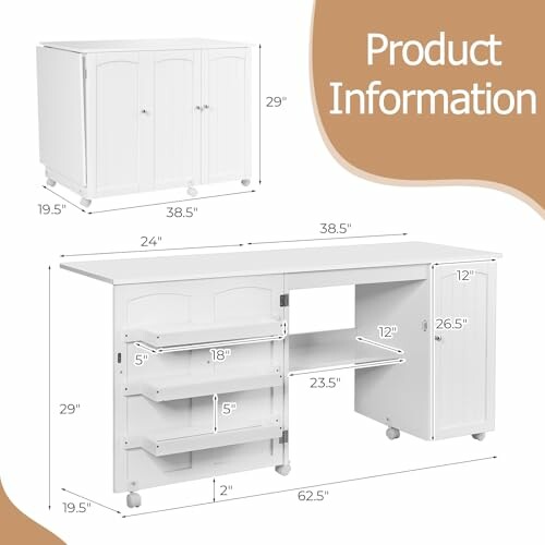 White cabinet desk with dimensions and storage features.