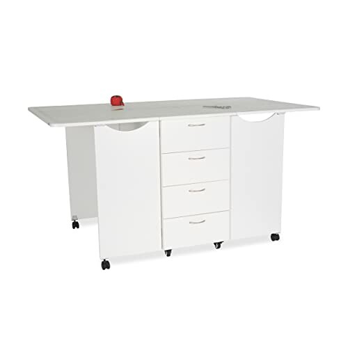 White foldable sewing table with wheels and storage drawers